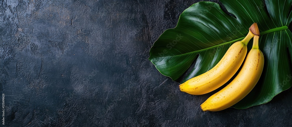 Poster fresh ripe bananas on a large green leaf with dark textured background featuring copy space for text