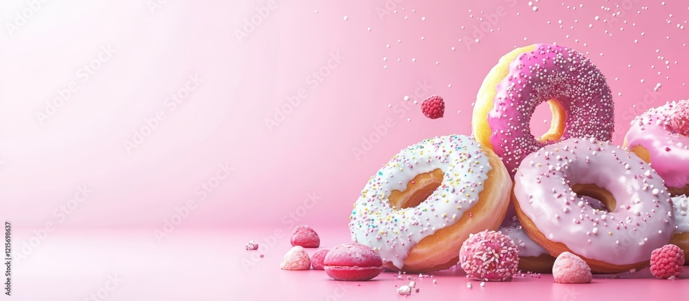 Poster pink background with assorted donuts topped with sprinkles and surrounded by heart-shaped candies wi