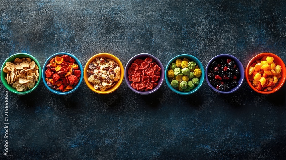 Poster colorful bowls filled with various dried fruits and nuts arranged in a straight line on a dark textu