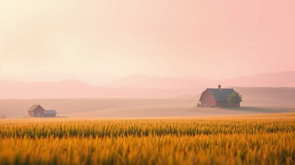 Fototapeta premium Tranquil Summer Sunrise Over Green Wheat Field and Evening Sky in Rural Countryside