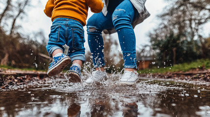 Joyful toddler jumps in puddle with mom; a perfect moment of fun and togetherness in nature