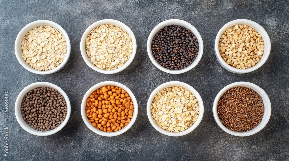 Poster assorted grains and seeds in white bowls arranged in a grid on a dark textured surface copy space