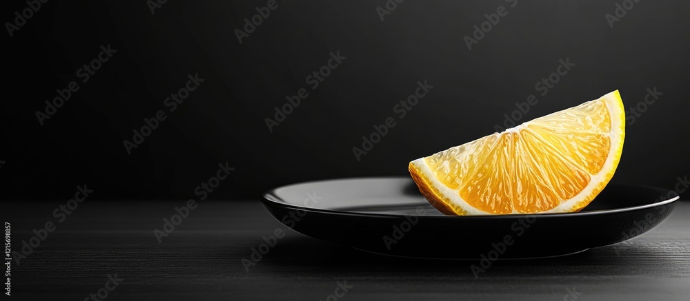 Poster fresh orange slice on a black plate against a dark background with ample copy space for text placeme