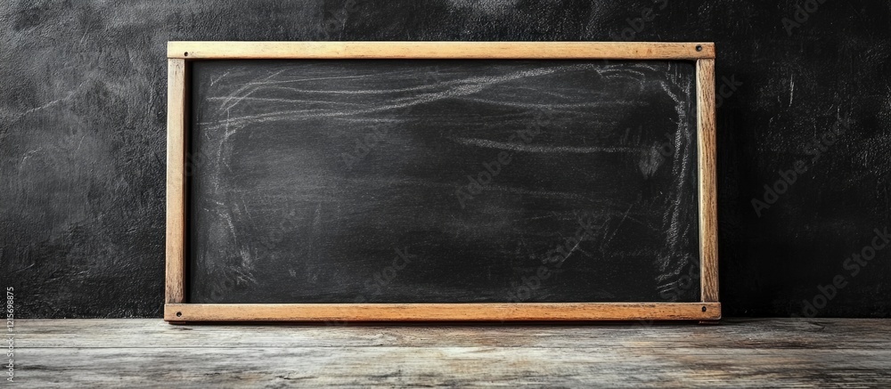 Poster chalkboard with wooden frame on textured wooden surface with empty space for text or graphics. copy 