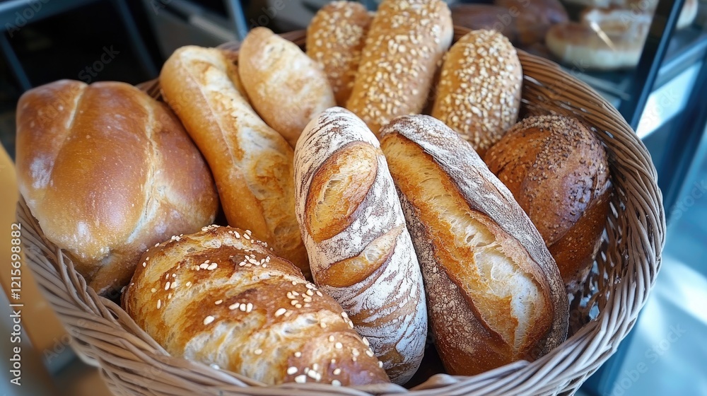 Poster various types of fresh artisan bread displayed in a woven basket with a focus on texture and detail 