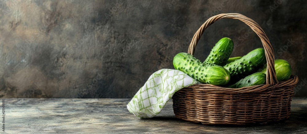 Poster basket of fresh cucumbers on a textured surface with a kitchen towel and ample copy space for text p