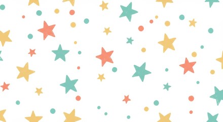 Festive border, colorful stars, confetti, pastel colors, playful design, celebration theme, birthday party, scattered elements, white background, cheerful atmosphere, whimsical pattern, decorative fra