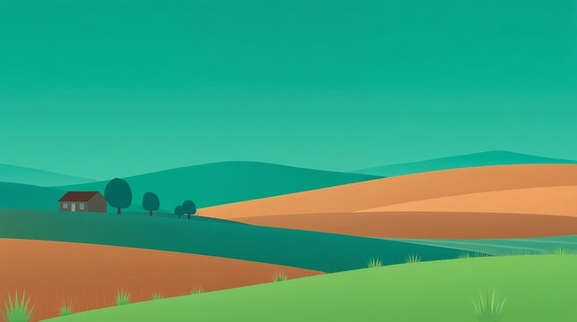Vibrant Summer Landscape Illustration with Green Meadow Sky and Rolling Hills