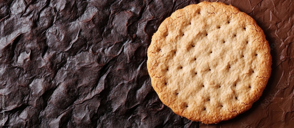 Poster single baked cookie on textured dark surface with copy space for text or design purposes