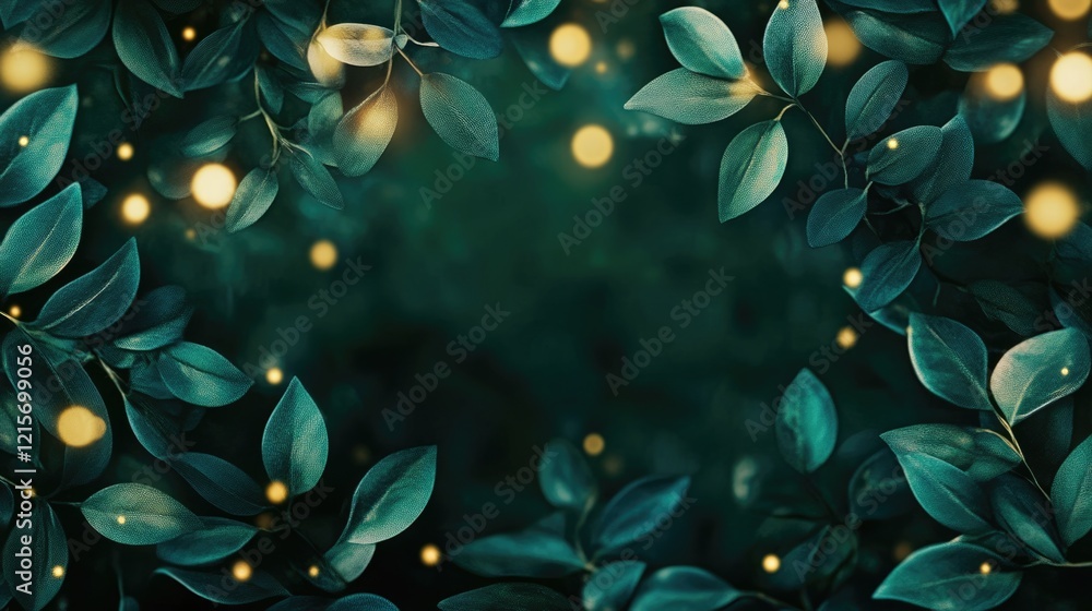 Poster green foliage background with bokeh lights and copy space for text or design elements. ideal for nat