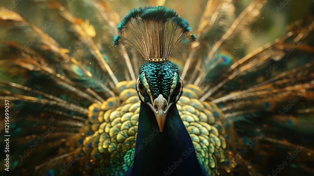 Poster peacock displaying vibrant feather plumage in close-up with copy space for text placement