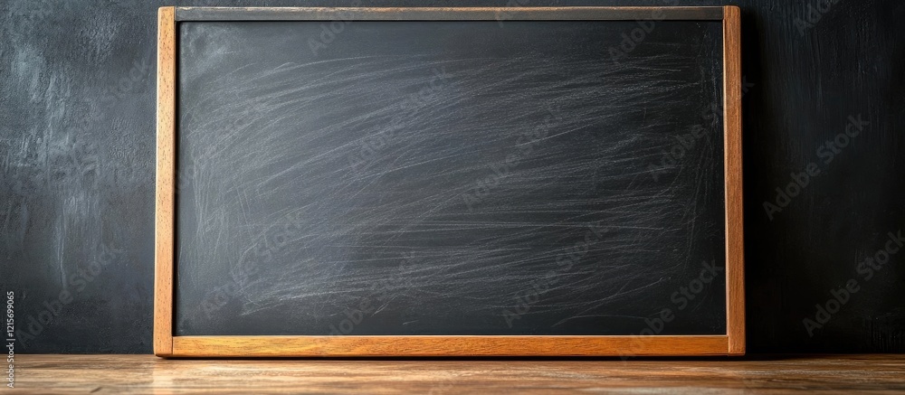 Poster chalkboard with wooden frame and empty black surface on wooden table with copy space for text or dra