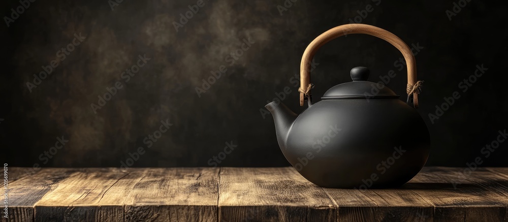 Poster black teapot with wooden handle on rustic wooden table against a dark background with copy space for