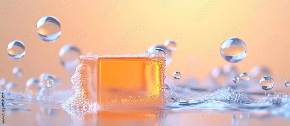 Poster soap bubble with water droplets forming around a transparent orange soap cube on a soft gradient bac