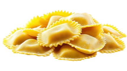 pile of uncooked ravioli. showcasing their distinctive shape and texture the bright yellow color and ridged edges highlight their pasta nature. making them visually appealing ravioli are often filled