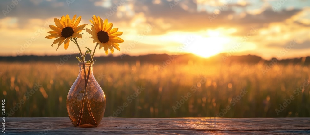 Poster sunflowers in a vase with sunset background over a field and copy space for text