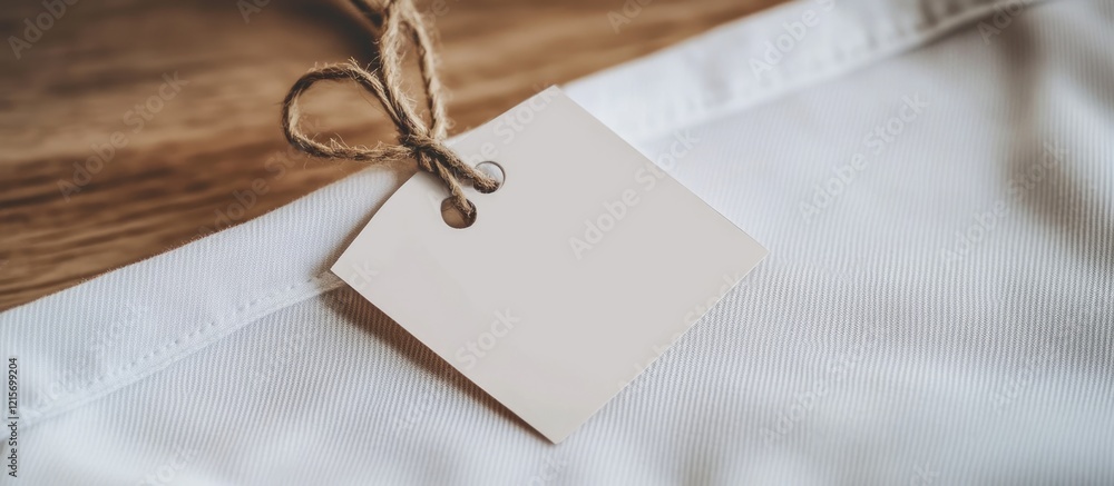 Poster blank price tag with string on a wooden surface copy space