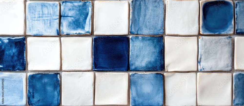 Poster ceramic tile mosaic with blue and white squares arranged in a grid pattern with copy space for text 