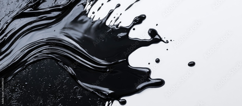 Poster black paint splash on white background with liquid flowing texture and copy space for text placement