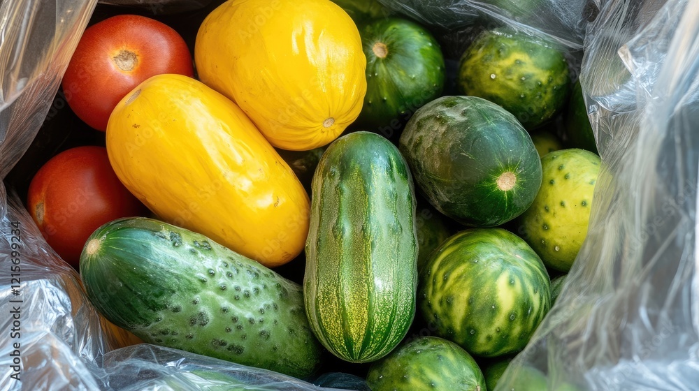 Poster assorted fresh vegetables including tomatoes cucumbers and squash in a plastic bag with copy space f