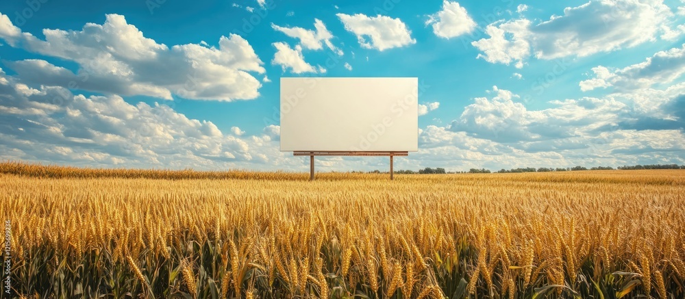 Poster empty billboard in a vast golden wheat field under a blue sky with fluffy clouds and ample copy spac