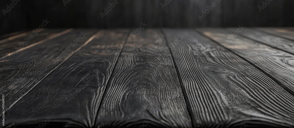 Poster black weathered wooden tabletop with textured planks against a dark background suitable for product 
