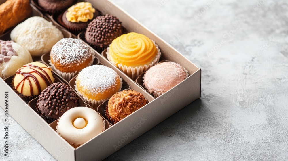 Poster assorted desserts in a box on textured surface with copy space for text