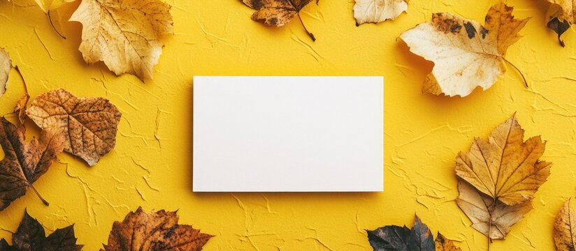 Blank white business card on a bright yellow background surrounded by autumn leaves Copy Space
