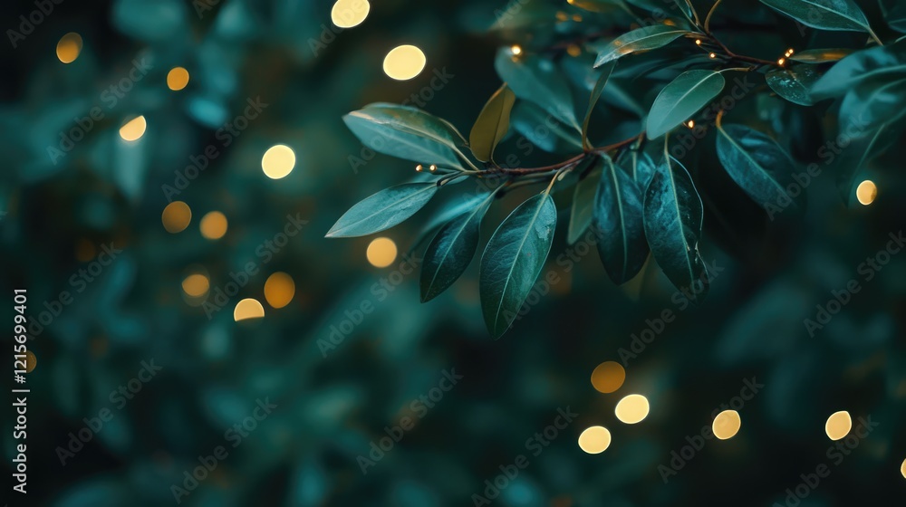 Poster leafy branch with green leaves and soft glowing bokeh lights in the background featuring ample copy 