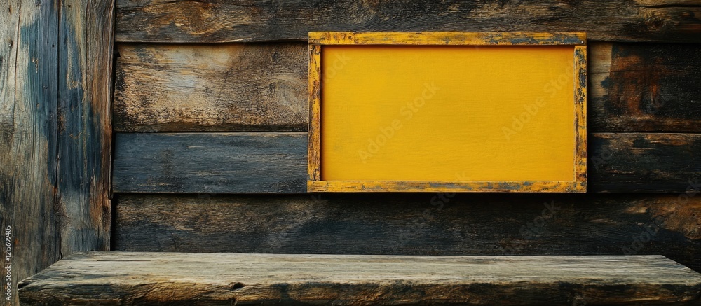 Poster rustic wooden background with empty yellow frame and wooden shelf copy space