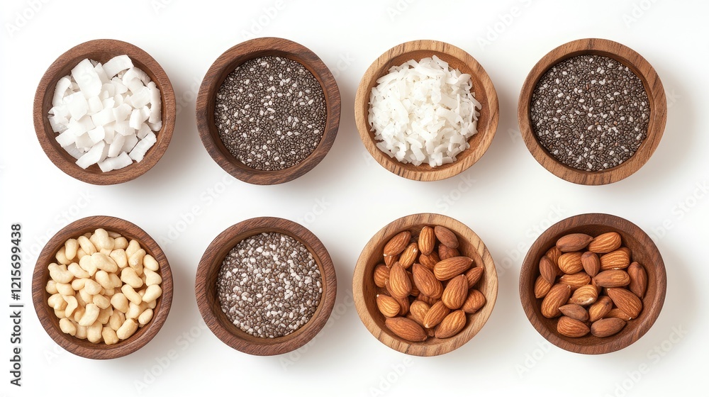 Poster assorted nuts and seeds in wooden bowls arranged in a grid on a white background with copy space for