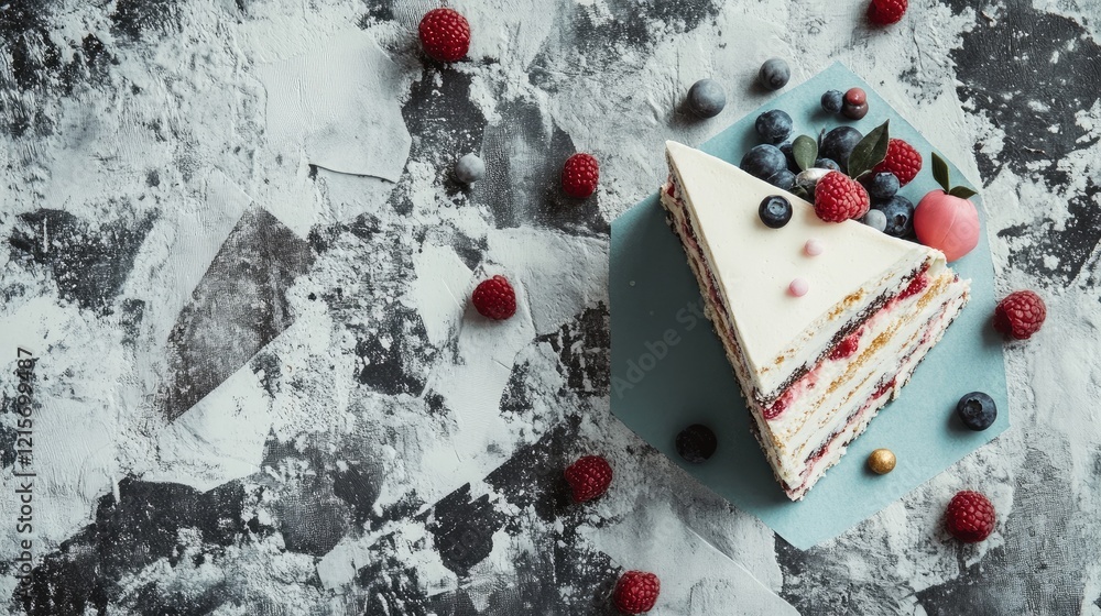 Poster layered cake slice topped with berries on a textured surface with scattered fruits and copy space fo