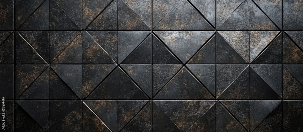 Poster textured geometric patterned wall with triangular tiles in black and bronze tones featuring uneven s