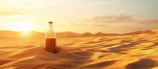 Bottle of soda in desert sand at sunset with warm light and soft shadows Copy Space