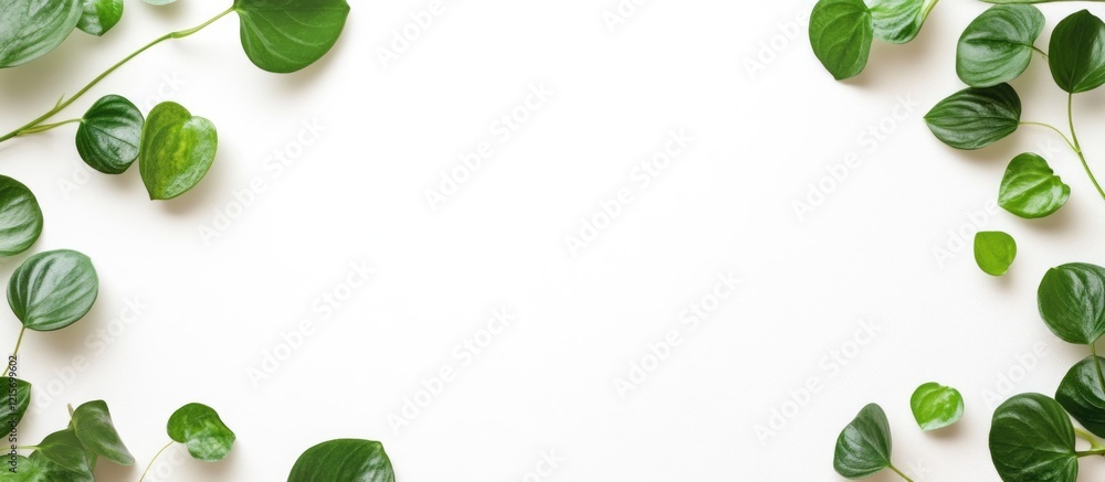 Poster green leaves arranged around a blank white background with ample copy space for text placement.