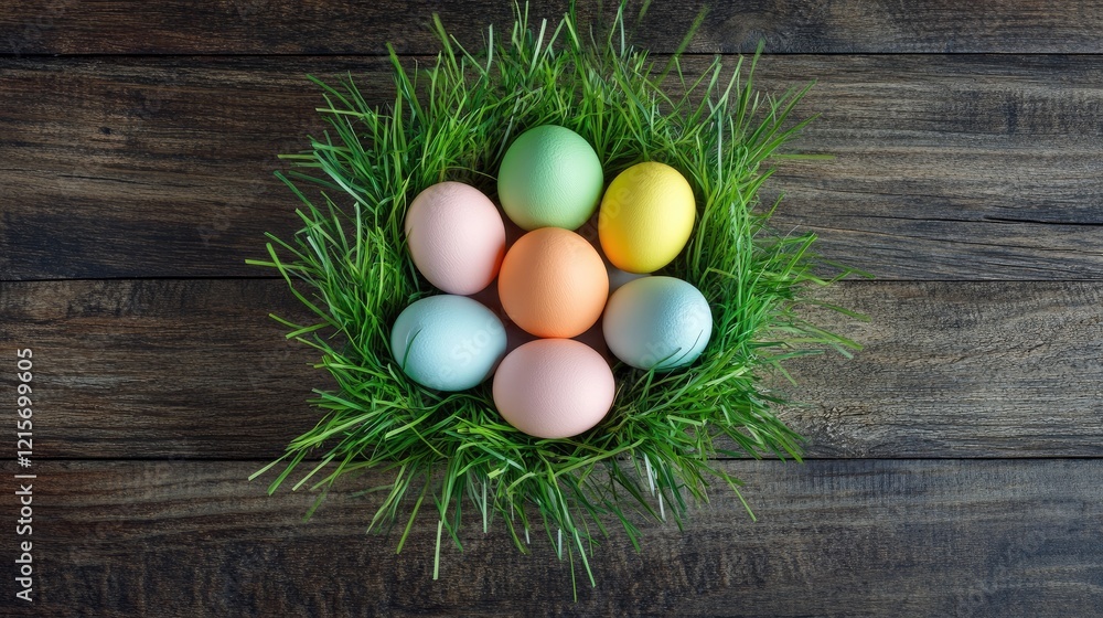 Poster colorful easter eggs arranged in a nest made of grass on a wooden background with copy space for tex