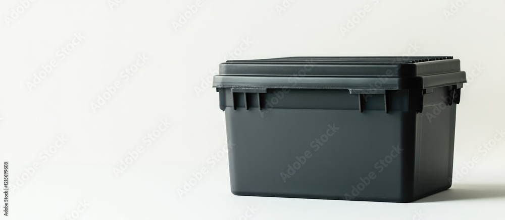 Poster closed dark gray storage box on a light background with copy space for product description or text i