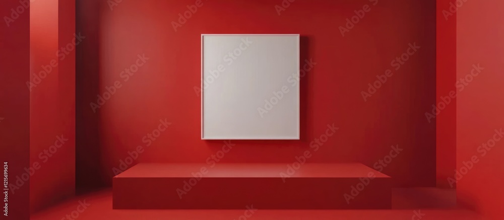Poster modern minimalist art display in a red room with blank canvas on the wall and ample copy space for t