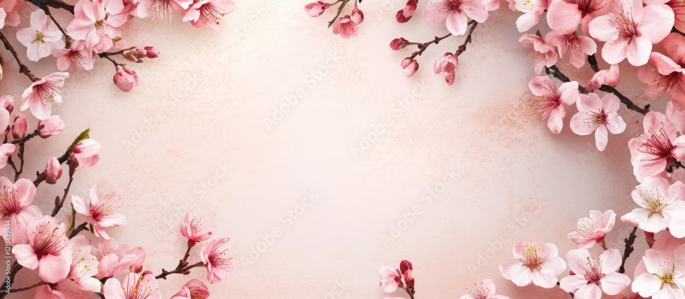 Poster cherry blossom flowers framing a soft pink background with ample copy space for text or design eleme