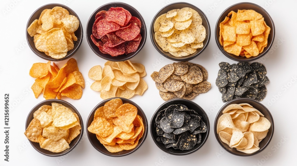 Poster assorted potato chips in various colors and flavors arranged in bowls with copy space for text place