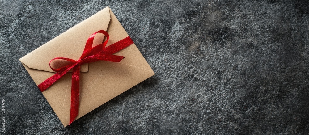 Poster brown envelope with a red ribbon on a textured dark background with copy space for text placement.