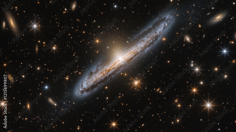 Poster spiral galaxy with bright core surrounded by numerous stars in deep space against a dark background 