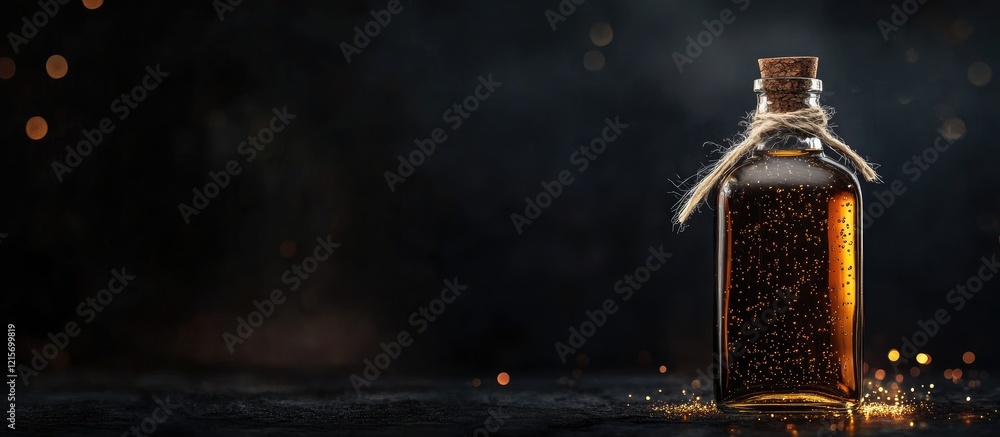 Aufkleber glass bottle with cork stopper filled with dark liquid on a textured surface with bokeh background a