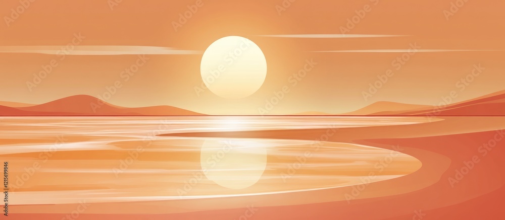 Poster sunset over a tranquil orange landscape with calm water and hills in the background featuring copy s