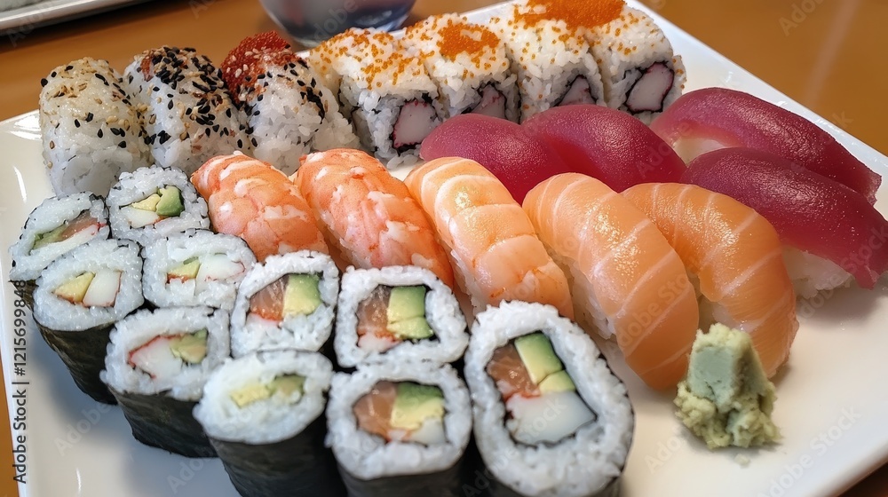 Poster assorted sushi platter with various types of sashimi and rolls on white plate with wasabi and pickle