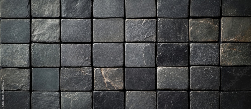 Poster textured black slate stone tiles arranged in a grid pattern for background use with copy space avail