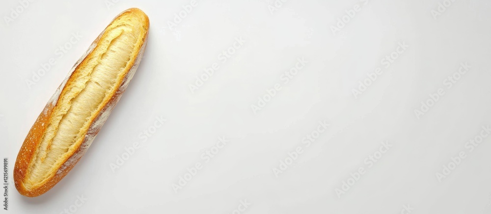 Poster baked bread baguette on a plain white background with ample copy space for text placement