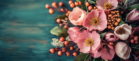Colorful floral bouquet with pink and white flowers, berries, and greenery arranged on a textured blue background with Copy Space.