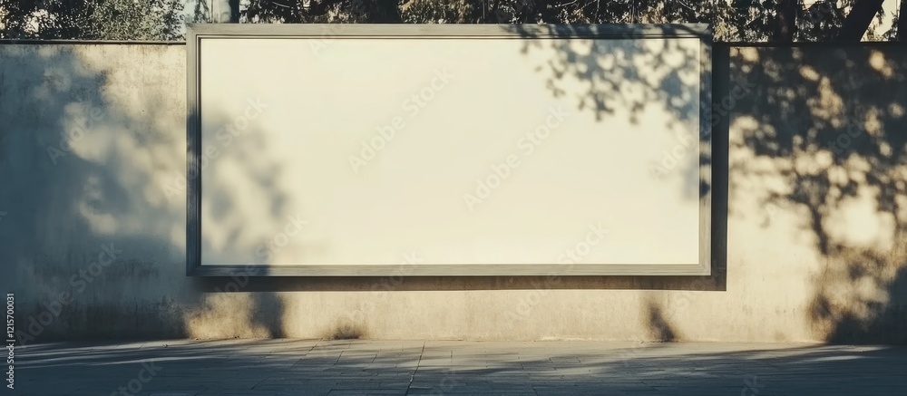 Poster empty billboard with a clear sky background and shadows from surrounding trees, featuring ample copy