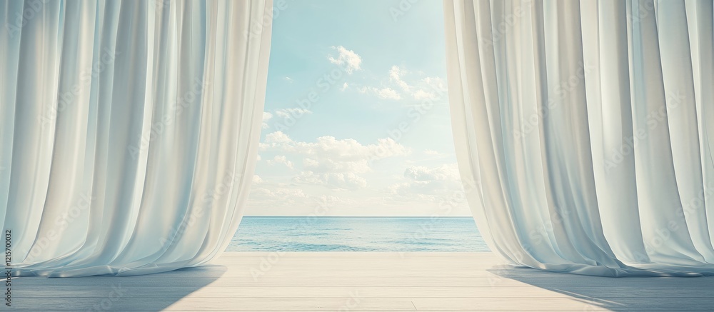 Poster Seaside view through sheer curtains with soft clouds and sunlight, Copy Space available for text insertion